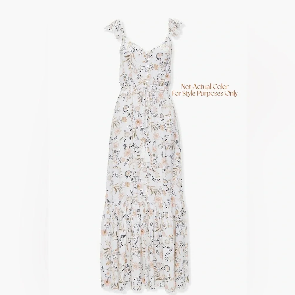 Paisley Floral Button-Front Ruffle Shoulder Maxi Dress In Rust Size M - Picture 2 of 3
